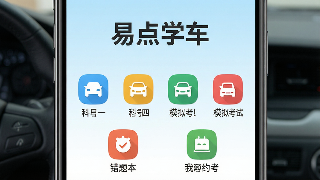 易点学车主界面预览图:智能手机屏幕展示应用主菜单,上方显示“易点学车”字样,下方排列科目一、科目四、模拟考试、错题本、我的约考等彩色图标,背景为浅蓝与白色渐变,整体风格清新简洁,现代扁平化设计,界面元素清晰,画质高清,干净无多余元素。