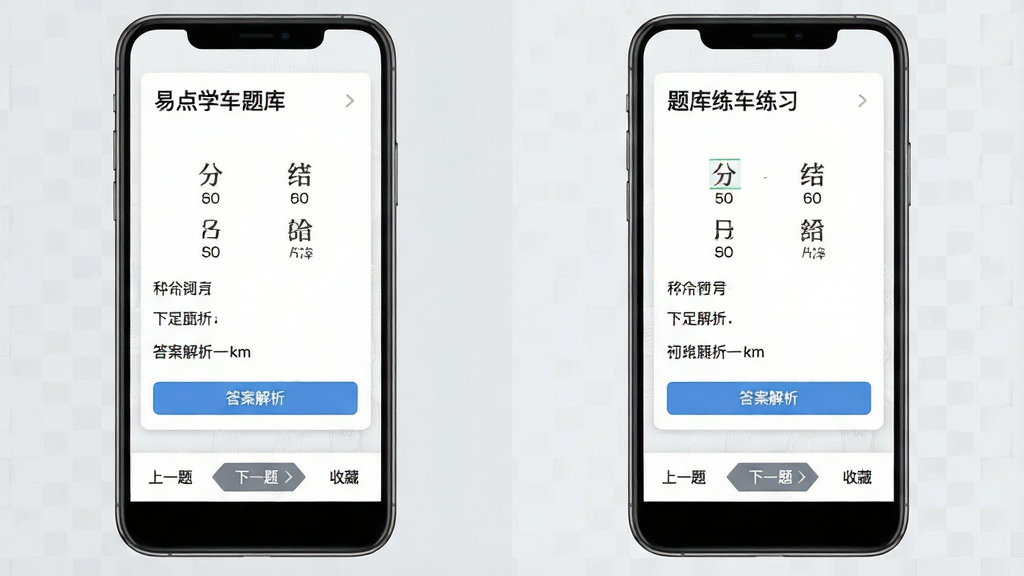 易点学车题库练习页面预览图:手机屏幕展示一道科目一选择题,选项下方有“答案解析”按钮,页面底部显示“上一题”“下一题”“收藏”按钮,背景为白色卡片搭配浅灰色底纹,界面整洁,字体清晰,现代简约风格,画质高清,干净无多余元素。