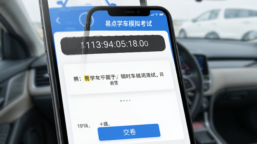 易点学车模拟考试界面预览图:手机屏幕显示考试计时器与题目列表,顶部有“易点学车模拟考试”标题,中间为一道判断题,下方有“交卷”按钮,整体以蓝色为主色调,背景干净,界面清爽,现代教育风格,画质高清。