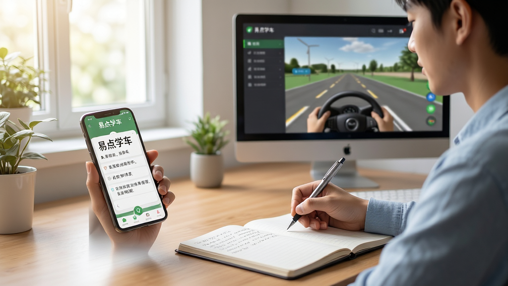 易点学车使用场景示意图:一名学员坐在书桌前,一边看手机上的易点学车应用,一边在笔记本上记录重点,背景有电脑屏幕显示模拟考试界面,整体画面明亮,生活化风格,自然光,细节丰富,画质高清,干净无多余元素。