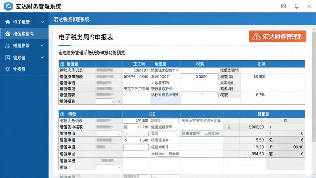 宏达财务管理系统税务申报功能预览,画面展示电子税务局申报表页面,包含增值税申报表主表与附表,表格数据已填写,右上角有风险提示图标,背景为宏达财务管理系统操作界面,色调以白蓝为主,细节体现纳税人识别号与税款计算过程,风格务实清晰,画质干净,无多余元素