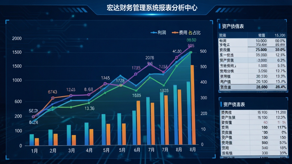 宏达财务管理系统报表分析中心展示图,画面主体为彩色折线图与柱状图,旁边是资产负债表局部表格,图表背景为深蓝色科技感界面,数据标注清晰,整体风格商务大气,细节体现利润曲线与费用占比,画质高清,无多余元素