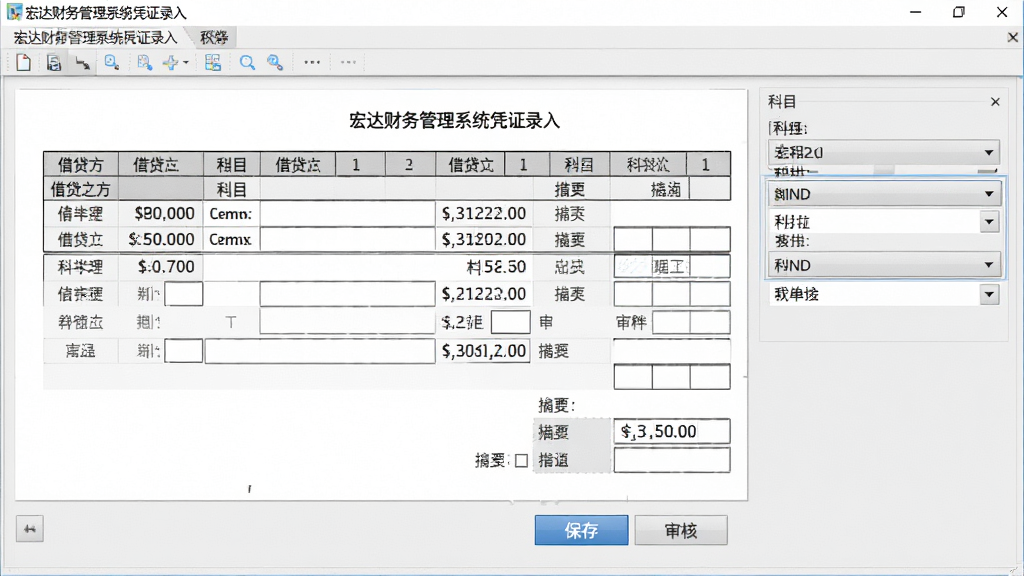 宏达财务管理系统凭证录入界面截图,画面中心为一张电子凭证模板,借贷方科目栏自动填充,旁边有科目选择下拉列表,底部有保存、审核按钮,背景为浅灰色财务软件界面,细节展示金额与摘要字段,风格写实清晰,画质干净,无多余元素