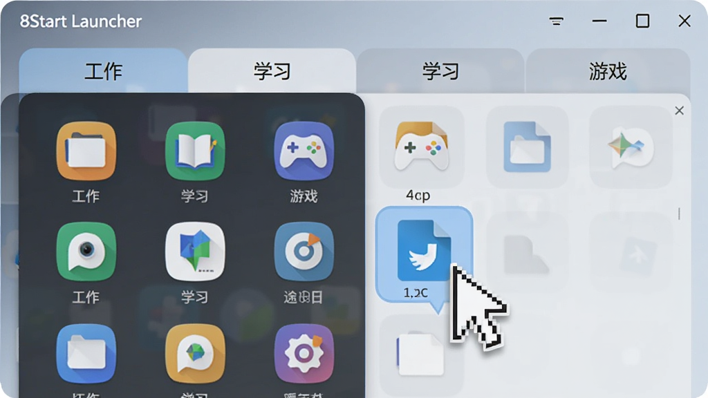 չʾ8Start Launcher����������ܵ�Ԥ��ͼ����������������������ʾ��������ǩҳ���ֱ��ע������������ѧϰ��������Ϸ����������ÿ����ǩҳ�������Ŷ�Ӧ�ĳ���ͼ�꣬�������קһ���ļ�ͼ�����������򣬽��������ʾ�ɷ���λ�ã��������Լ����ɫ�������������������ʸɾ����޶���Ԫ�ء�