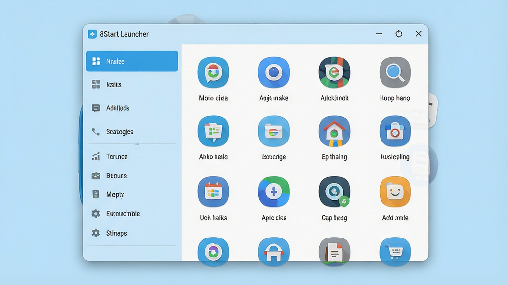 һ��չʾ8Start Launcher������ĸ����ͼ�����������Ǽ������������ڣ����Ϊ���ർ�������Ҳ�����״�����Ÿ��ֳ���ͼ�꣬��������ˬ�ִ�����ɫ��ǳ�����ɫΪ������������������ע��8Start Launcher�����������ֹ�����ϸ�ڷḻ�����ʸɾ����޶���Ԫ�ء�