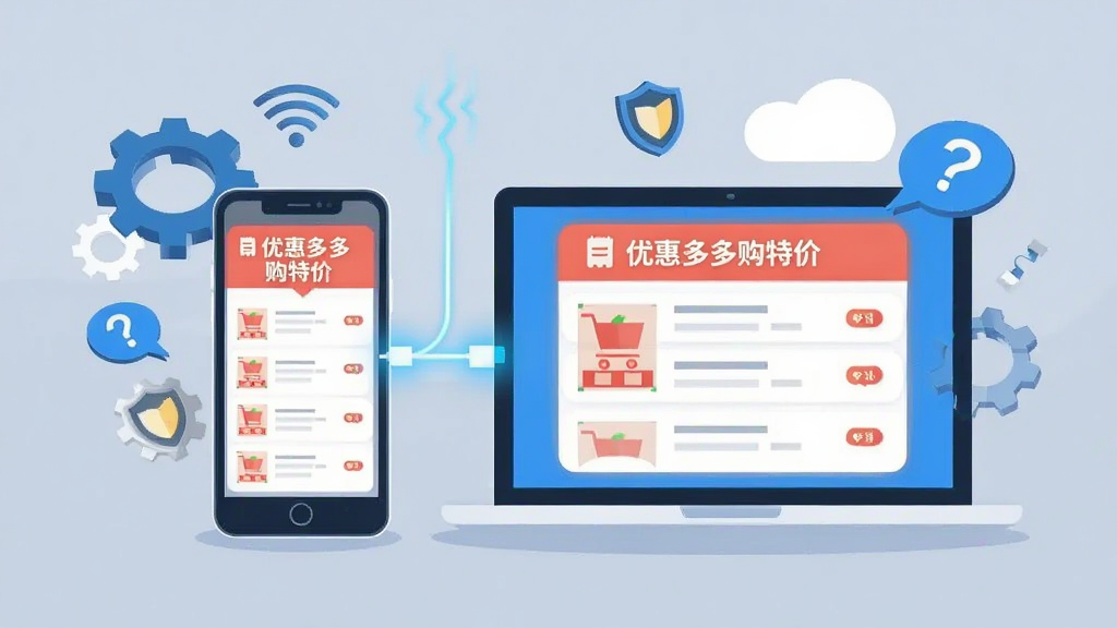 画面主体为一部手机与一台笔记本电脑并排摆放,屏幕中均显示“优惠多多购特价”的购物清单页面,周围环绕着齿轮图标、盾牌安全图标与问号气泡。布局上左手机右电脑,中间连接着一条发光的同步线条,整体风格为扁平化科技感插画,细节包含Wi-Fi信号图标与云朵元素,背景为浅灰蓝色,画质干净清晰,无多余文字。