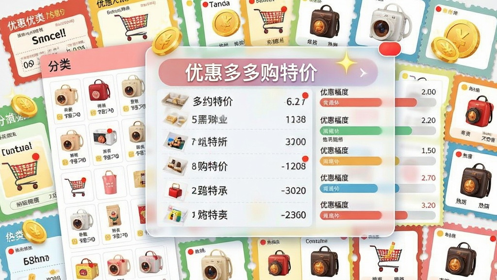 画面主体为一张铺满各色优惠券与热销商品小图的俯拍桌面,中央位置有一块悬浮半透明面板,面板上显示“优惠多多购特价”文字与不断滚动的商品列表。布局紧凑有序,左侧为分类商品缩略图,右侧为对应优惠幅度数据条,整体采用清新明快的电商风格,细节带有闪光的金币与红点提醒标记,画面干净整洁,色彩饱和度适中,观感舒适无多余元素。