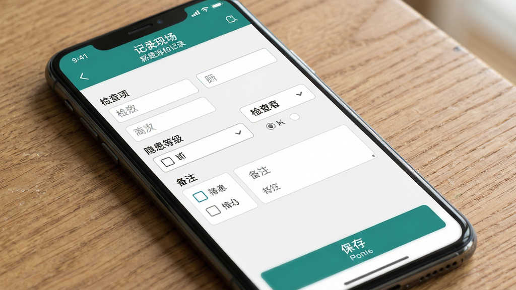 主体:手机屏幕上显示记录现场APP的表单编辑页面,包含多个输入框、下拉菜单和勾选选项。布局:手机屏幕特写,背景为木桌。排版:表单条目清晰,有“检查项”、“隐患等级”、“备注”等字段。风格:UI界面截图风格,但角度倾斜有立体感。细节:屏幕顶部显示“记录现场”和“新建巡检记录”,底部有“保存”按钮。画质:超清,干净,无多余元素。
