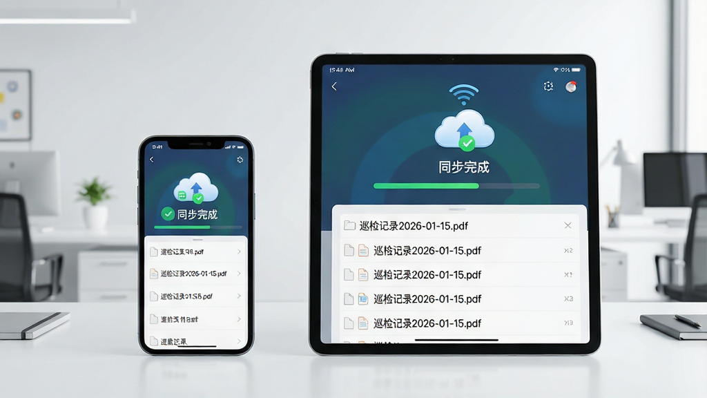主体:一部手机和一个平板电脑并排,屏幕均显示记录现场APP的数据同步界面,有进度条和云端图标。布局:设备左右排列,背景为简约办公室。排版:界面显示“同步完成”字样和文件列表。风格:科技感办公场景。细节:云端图标带有绿色对勾,列表中有“巡检记录2026-01-15.pdf”等文件。画质:高清,干净,明亮,无多余元素。