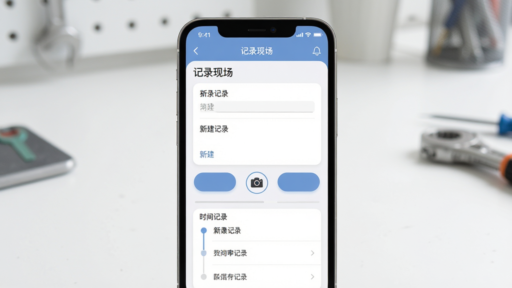 主体:记录现场APP主界面在智能手机上显示,界面包含清晰的表单、拍照按钮和时间轴记录列表。布局:手机居中,屏幕内容完整可见,背景为简洁的工作台面。排版:现代扁平化UI设计,按钮圆润。风格:写实产品展示图。细节:屏幕中显示“记录现场”字样和“新建记录”按钮,画面干净明亮。画质:高清,干净,无多余元素。