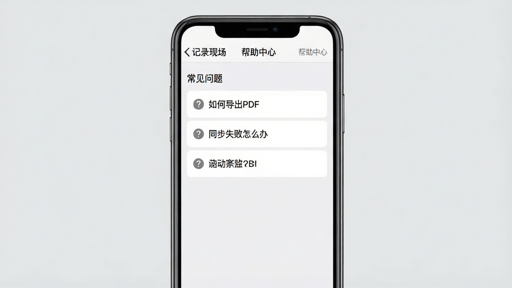 主体:手机屏幕显示记录现场APP的“帮助中心”页面,有“常见问题”列表。布局:手机居中,背景浅灰色。排版:列表项清晰,有“如何导出PDF”、“同步失败怎么办”等条目。风格:简约UI风格。细节:屏幕顶部显示“记录现场”和“帮助中心”,每条前有问号图标。画质:干净,无多余元素。