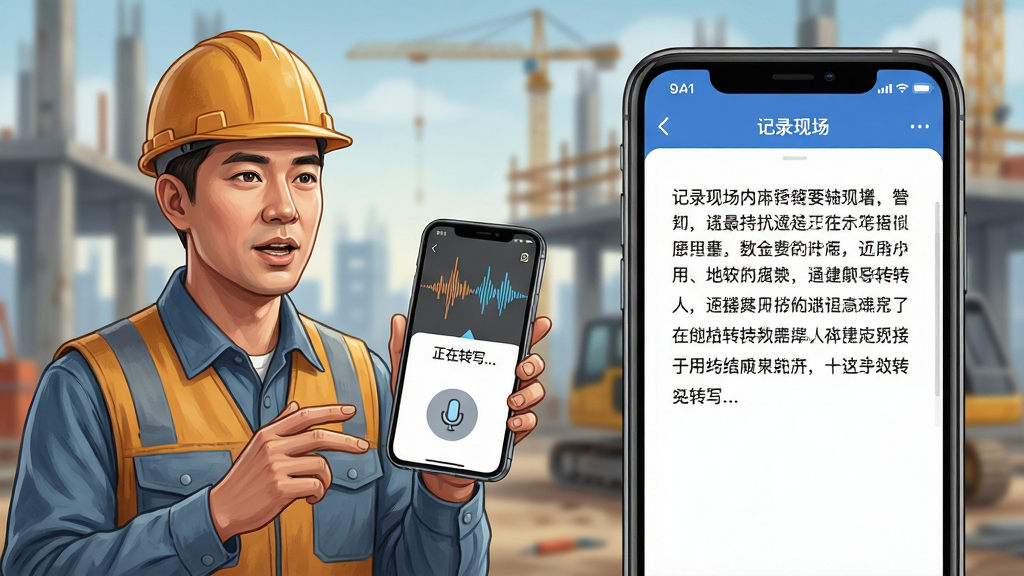 主体:一位工程师手持手机对着施工现场说话,屏幕上显示语音波形转文字的动画。布局:人物在左侧,手机屏幕放大在右侧展示转写文字结果。排版:屏幕中显示“记录现场”APP界面和转写出的文字段落。风格:半写实半插画风格。细节:手机界面有麦克风图标和文字“正在转写...”。画质:高分辨率,背景虚化,主体清晰,无多余元素。