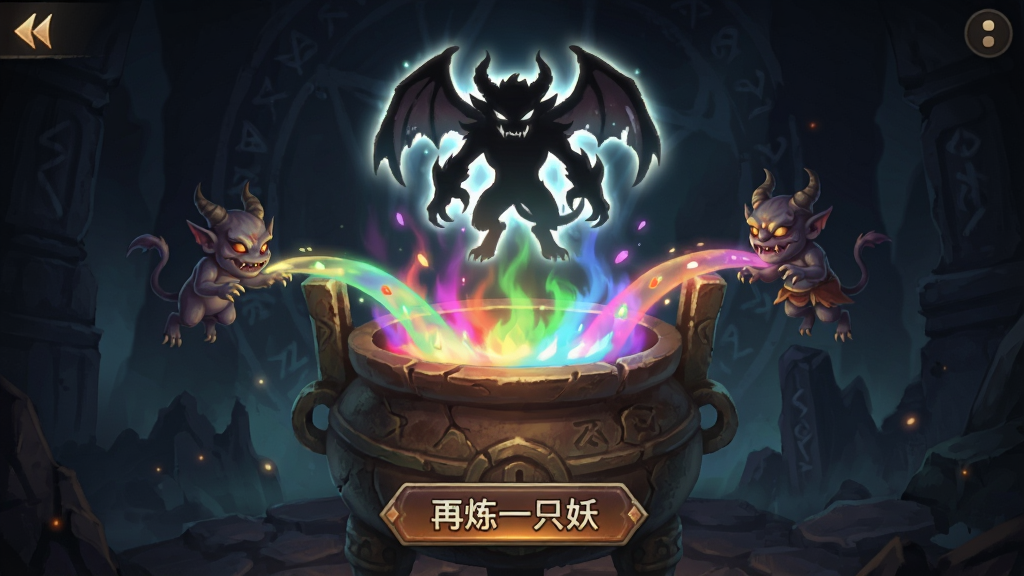 游戏界面截图风格,画面中央是一口古朴的炼妖鼎,鼎口冒着彩色光芒,左右两侧各有一只小妖被光芒牵引投入鼎中,上方浮现出一只全新的发光妖怪剪影,四周是深色神秘背景,带有“再炼一只妖”游戏UI按钮,布局清晰,风格细腻,画质干净。