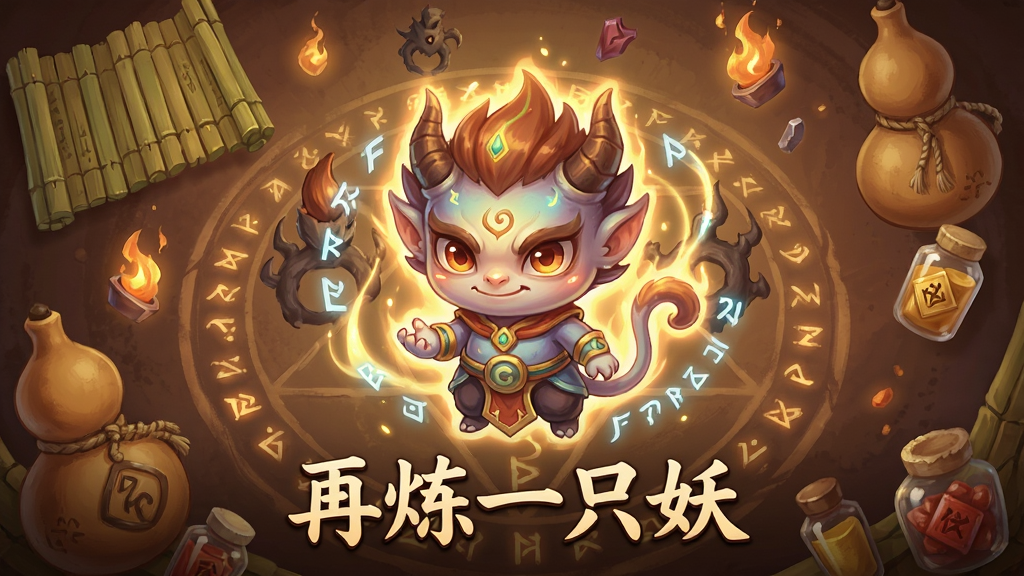 一幅精美的东方玄幻风格游戏宣传图,主体为一只由光晕与符文构成的Q版小妖,背景是漂浮着神秘符文的古朴炼妖阵,周围环绕着竹简、葫芦、丹药等元素,整体布局居中,采用暖色调手绘插画风格,细节精致,画质清晰干净,画面中下方带有“再炼一只妖”字样,无多余杂乱元素。