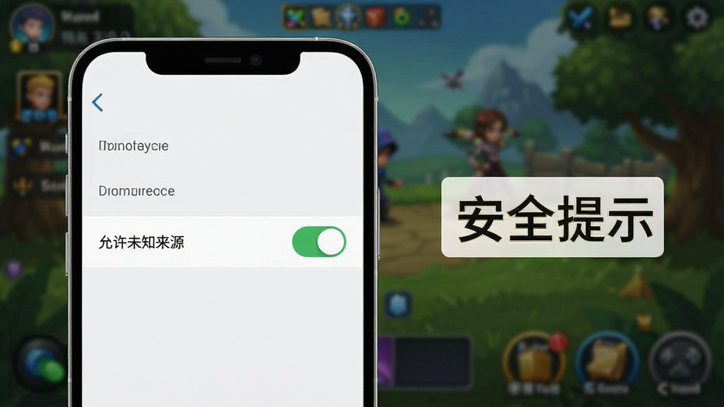 一幅手机操作示意图,屏幕中显示游戏设置在“允许未知来源”选项上开关开启,旁边有文字“安全提示”,背景是模糊的游戏主界面,构图简洁,风格写实,干净清晰。