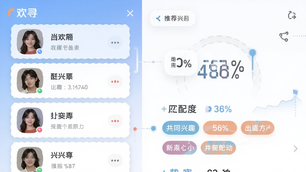 主体为“欢寻”APP的兴趣匹配功能界面,左侧一列用户卡片,右侧显示匹配度百分比与共同兴趣标签。布局采用左右分栏,排版清晰。风格简洁明快,色彩柔和,细节体现算法推荐的个性化,画质干净,无多余元素。