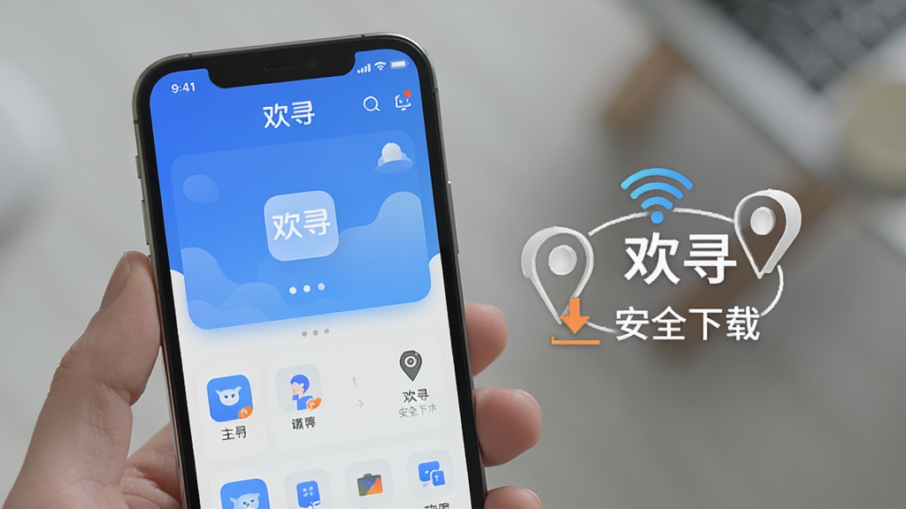 主体为“欢寻”APP在手机上的安装与使用场景,手机屏幕显示主界面,旁边有Wi-Fi图标与定位图标。布局简约,突出提示“欢寻 安全下载”,风格写实,细节清晰,画质干净,无多余元素。