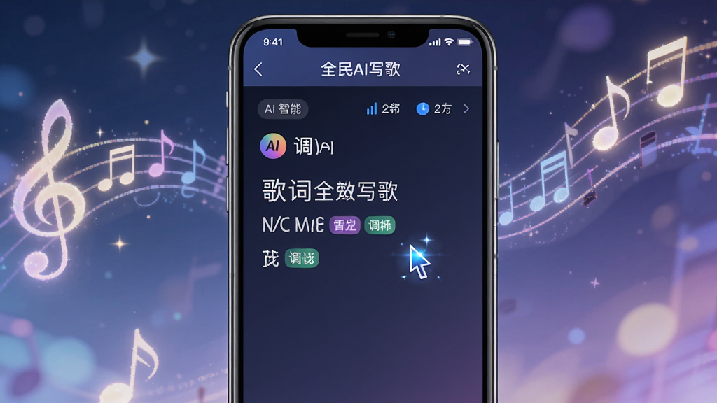 画面主体为手机屏幕展示“全民AI写歌”的歌词输入界面,背景是流动的五线谱与发光音符,布局以屏幕为中心,排版规整,风格明亮梦幻,细节有光标在歌词上闪烁及智能匹配的调性标签,画质清晰干净,无多余元素