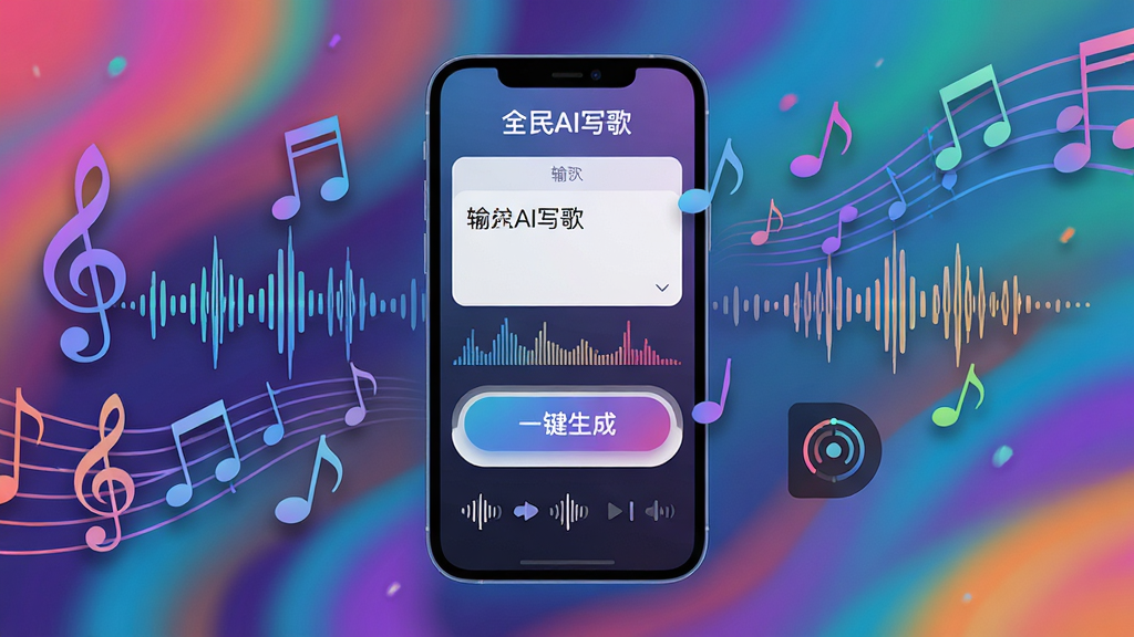 画面主体为“全民AI写歌”APP界面悬浮在彩色音乐背景中,界面显示歌词输入框和“一键生成”按钮,周围环绕音符与声波图形,布局中心突出,排版简洁,风格现代科技感,细节包含波形频谱与节拍器图标,画质高清干净,无多余元素