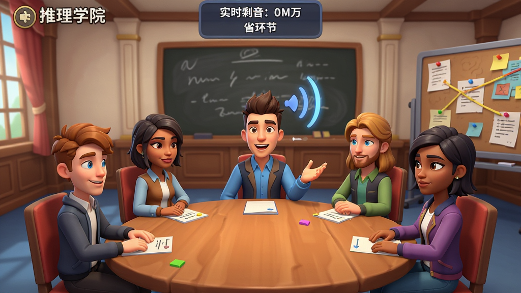 展示《推理学院》游戏内实时语音讨论的界面,主体为几名玩家角色的半身像,围绕圆桌而坐,其中一人正在发言,头顶有语音波动特效。界面上方显示讨论剩余时间和当前环节。布局为对称式,背景是典雅的会议室,有黑板和线索板。风格为卡通渲染,色彩明快,人物表情生动,细节丰富,画质高清,无多余元素。