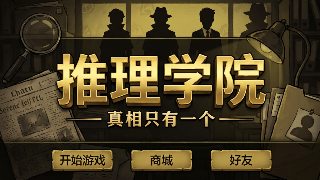 画面中央展示《推理学院》游戏主界面,背景是神秘的侦探事务所,摆放着放大镜、旧报纸和案件卷宗。主体为游戏LOGO“推理学院”四个大字,采用烫金立体字样式,下方一行小字“真相只有一个”。布局上,主界面分为上下两栏,上栏是玩家角色剪影,下栏是“开始游戏”、“商城”、“好友”等按钮。整体风格为复古悬疑手绘风,色彩偏暗黄与深棕色调,细节上突出光影对比,画质清晰干净,无多余元素。