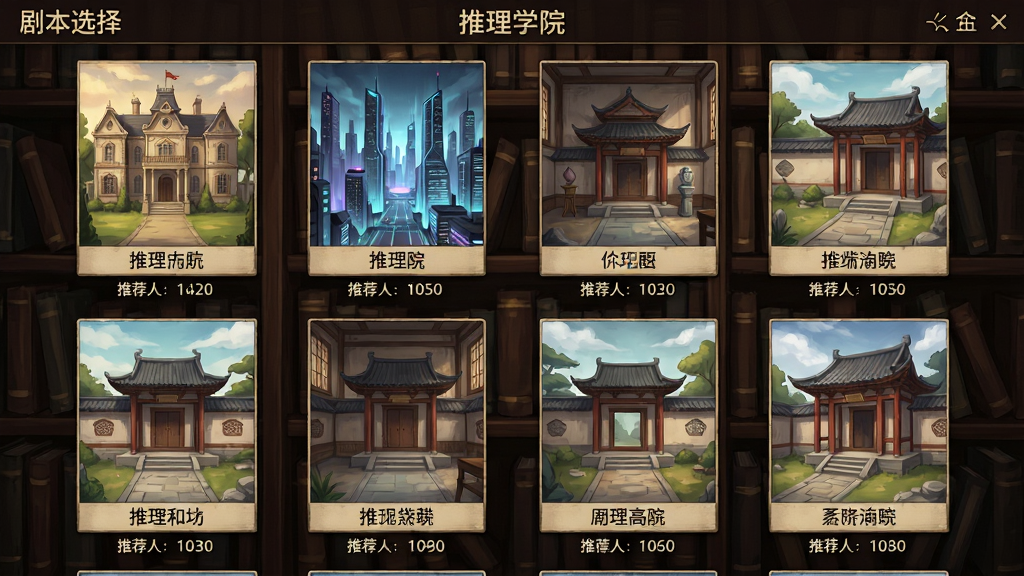 一张《推理学院》游戏内剧本选择界面的预览图,主体是排列整齐的剧本封面缩略图,封面风格各异,有古典庄园、未来都市、古风庭院等。布局为网格状,每个封面下方标注剧本名称和推荐人数。背景为深色木质书架,营造出图书馆的静谧氛围。整体风格为精致手绘插画风,色调温暖,细节清晰,画质细腻干净,无多余元素。