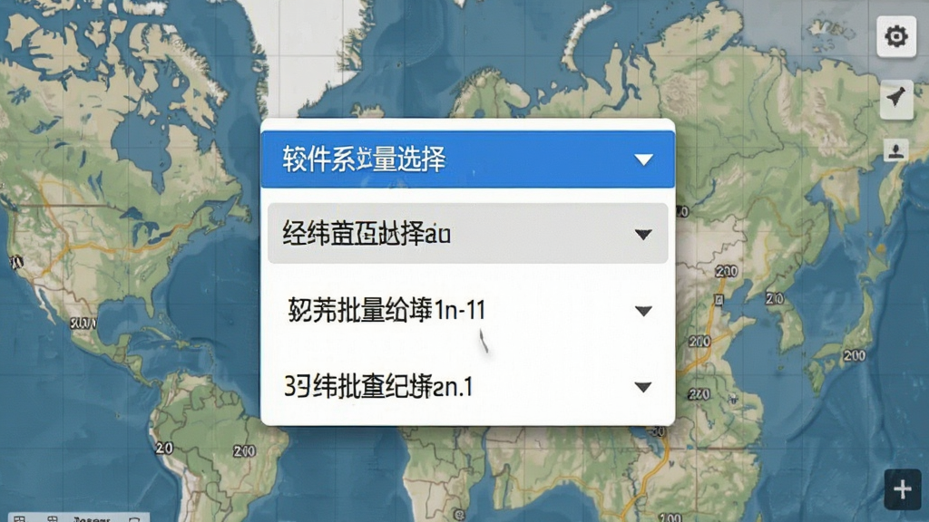 一张软件功能展示图,主体为经纬度批量查询工具的坐标系选择下拉菜单,背景为地图网格,布局居中,风格简洁,细节展示三种坐标系选项,画质清晰,无多余元素