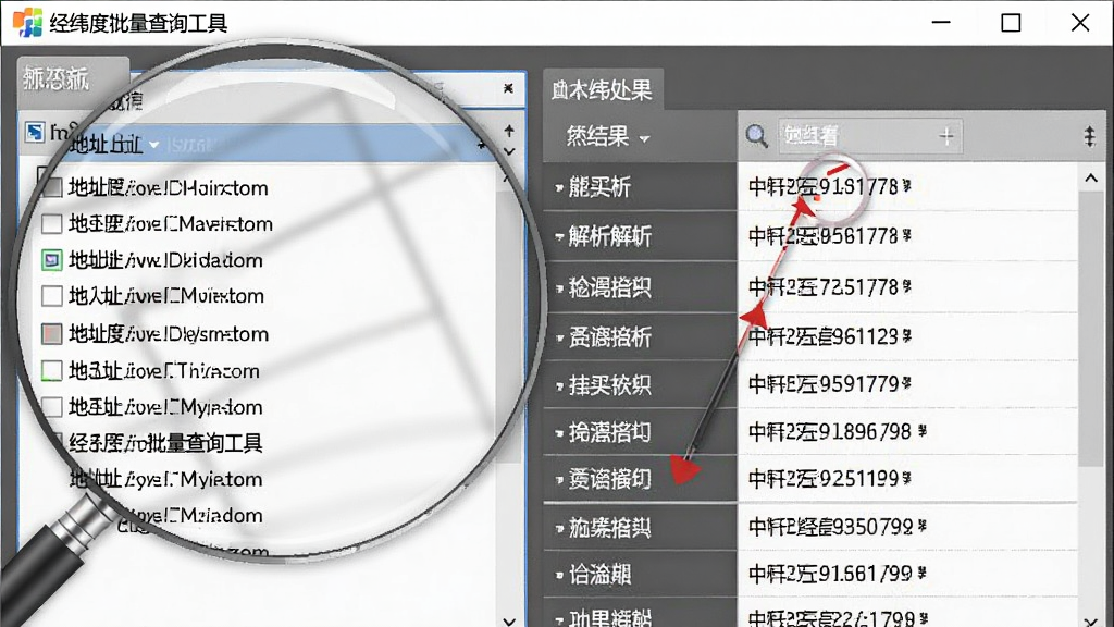 一张功能示意图,主体为经纬度批量查询工具软件界面局部放大,左侧是地址列表,右侧显示解析出的经纬度结果,排版采用左右分栏布局,风格写实清晰,细节突出批量处理能力,画质干净,无多余元素