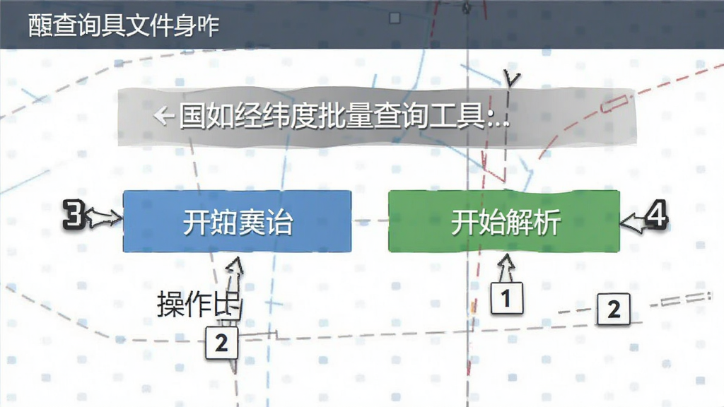 一张使用教程示意图,主体为经纬度批量查询工具的导入文件按钮和开始解析按钮,布局为截图式,风格写实,细节标注操作步骤序号,画质干净,无多余元素