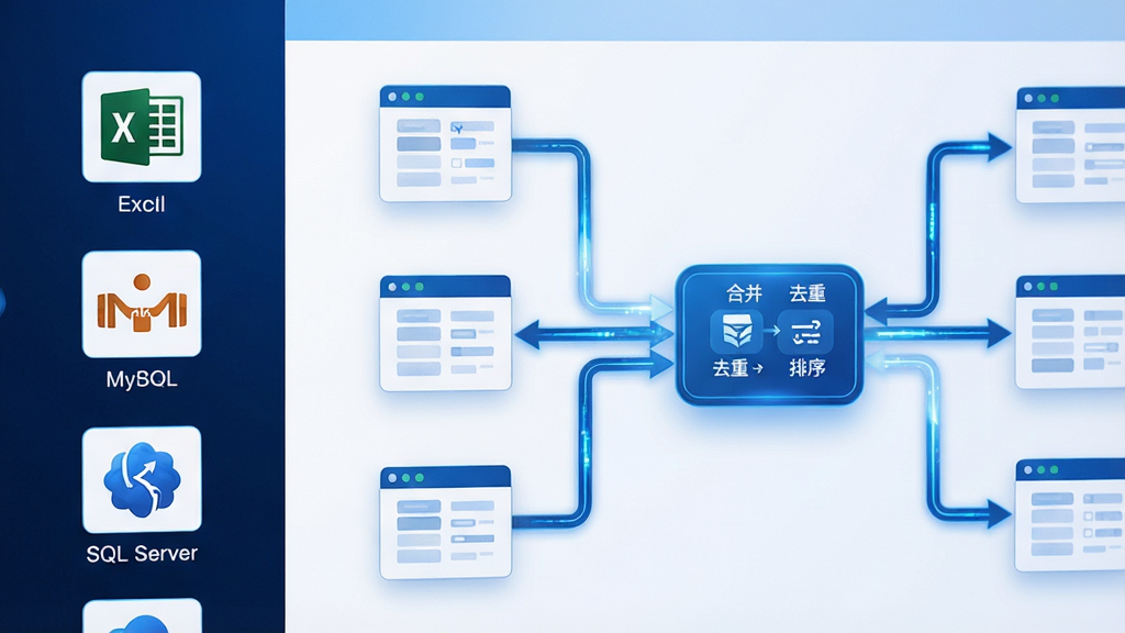 ���壺һ������Դ�����봦���Ĺ��ܽ��棬�����ʾ��������Դͼ�꣨Excel��MySQL��SQL Server�ȣ����Ҳ�չʾ������ϴ���̣�������ݱ���ͨ���������ӵ�һ�����봦���ڵ㡣���֣����ҽṹ�����ͼ�����ţ��Ҳ�Ϊ������ʾ��ͼ���Ű棺���ݱ���С��Ƭ��ʽչʾ��ͨ������ͷ���������ӣ�����չʾ���ݴ������衣��񣺿Ƽ������ɫ�������������������⣬�ִ���Լ��ϸ�ڣ�ÿ������Դͼ���·������Ʊ�ǩ�������ڵ��ϱ�ע���ϲ�������ȥ�ء��������򡱵�С�֣������Ӿ�Ч��רҵ�Ҹ��пƼ��С����ʣ����壬ϸ�ڷḻ���޶���Ԫ�ء�