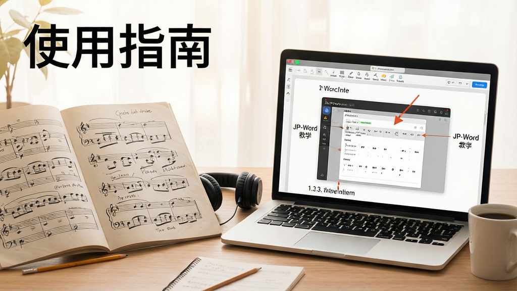 主体:一本打开的纸质乐谱旁边放着一台笔记本电脑,屏幕上显示JP-Word简谱编辑软件的教学页面,有步骤讲解。布局:电脑屏幕在右侧,乐谱在左侧,画面上方有“使用指南”字样。排版:屏幕中显示软件操作步骤截图,清晰标注了工具栏功能,整体构图平衡。风格:明亮温馨的学习氛围,色调柔和,木桌纹理可见。细节:电脑旁放有耳机和咖啡杯,乐谱上有铅笔标注痕迹。画质:高清,画面干净,无多余元素。