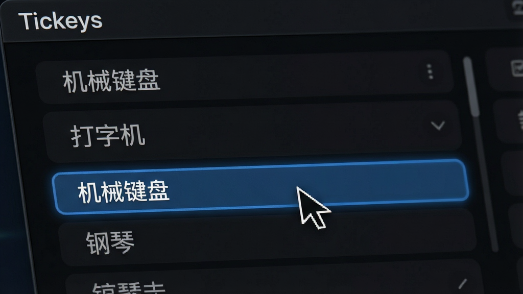 一张展示Tickeys音效选择界面的特写图片,画面中央是音效列表,包括“机械键盘”“打字机”“钢琴”等选项,鼠标指针悬停在“机械键盘”上,界面背景为深色,高亮显示当前选中项,整体风格细腻,文字标签清晰标注“Tickeys”,画质干净,无多余元素