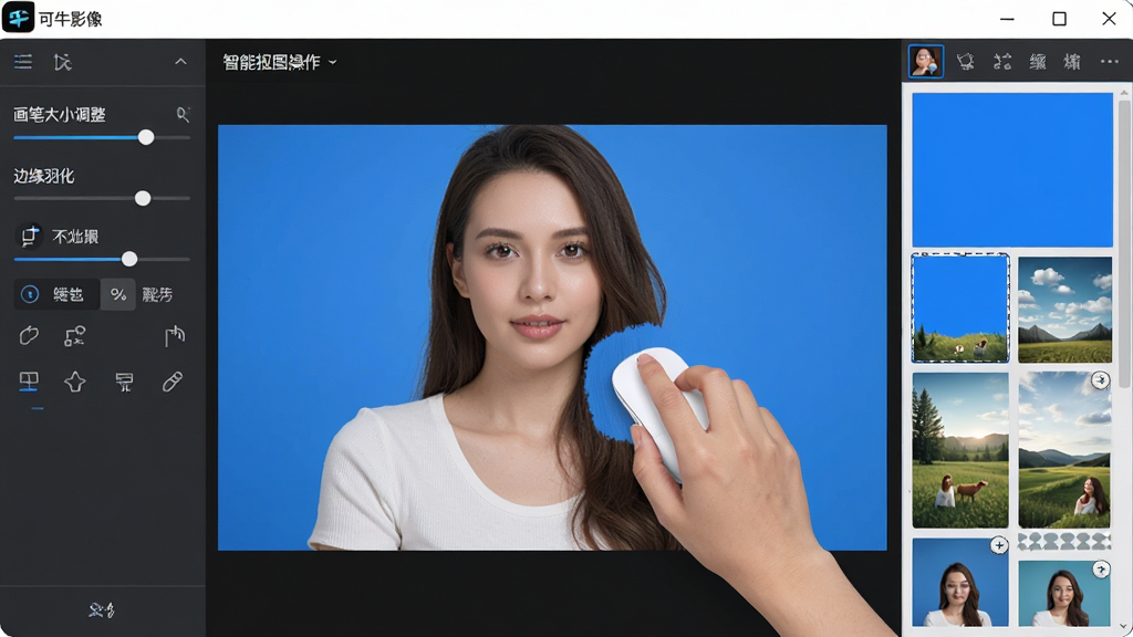 ���壺��ţӰ������ܿ�ͼ�������棬һλ�û����������ͿĨ��Ƭ�е�������֣���������Ϊ��������Ƭ�����Ϊ��ͼ����ѡ��Ҳ�Ϊ�����زĿ⣻�Ű棺���������ͼ��񣻷���ִ�����ࣻϸ�ڣ�չʾ�����ʴ�С������������Ե�𻯡��Ȳ������ã�����Ԥ��Ϊ����ɫ�����ʣ����壬�ɾ����޶���Ԫ��