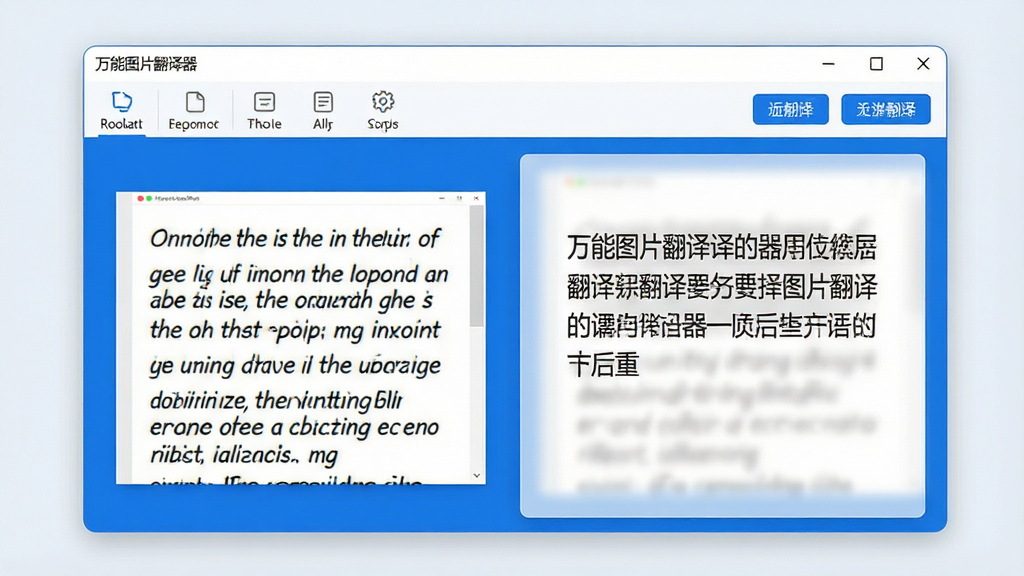 一张展示万能图片翻译器主界面的高清产品预览图,画面中央为软件主窗口,左侧是待翻译的英文截图,右侧清晰显示翻译后的中文结果,界面采用蓝白配色,布局简洁,功能按钮排列整齐,上方工具栏标注“万能图片翻译器”字样,整体风格专业且现代,画质干净无多余元素
