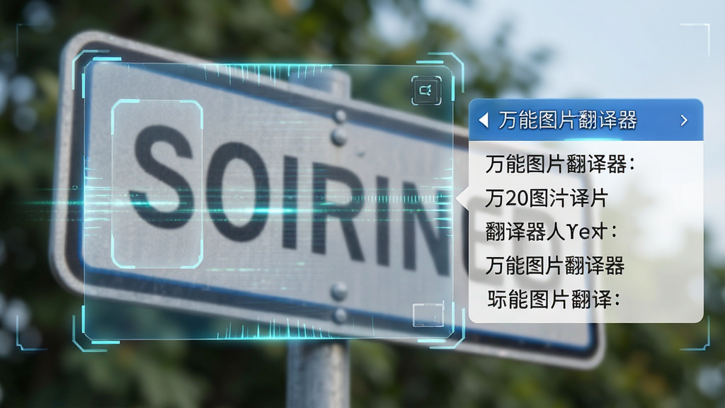 一张特写镜头图片,展示万能图片翻译器正在识别一张带有模糊背景的英文路牌照片,图片上方有半透明的识别框覆盖文字区域,边缘有扫描线特效,右侧弹出识别出的文字列表,画面清晰展示“万能图片翻译器”的AI识别过程,科技感强,画质干净明亮