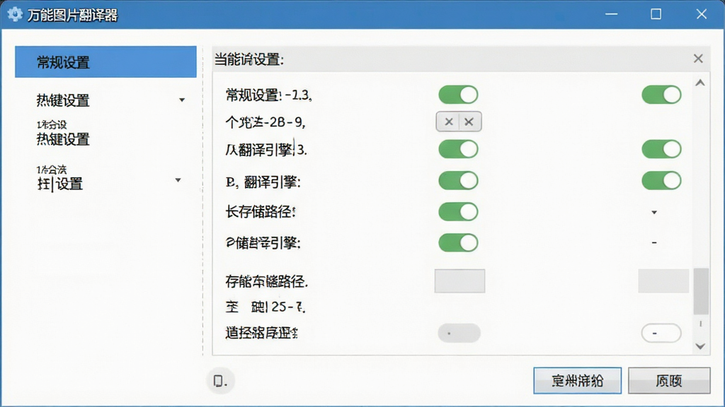 一张电脑屏幕截图,显示万能图片翻译器的设置界面,左侧有“常规设置”、“热键设置”、“翻译引擎”、“存储路径”等选项,右侧为当前选中项的详细配置面板,窗口风格与软件主界面统一,清晰展示各项功能开关,画质干净整洁