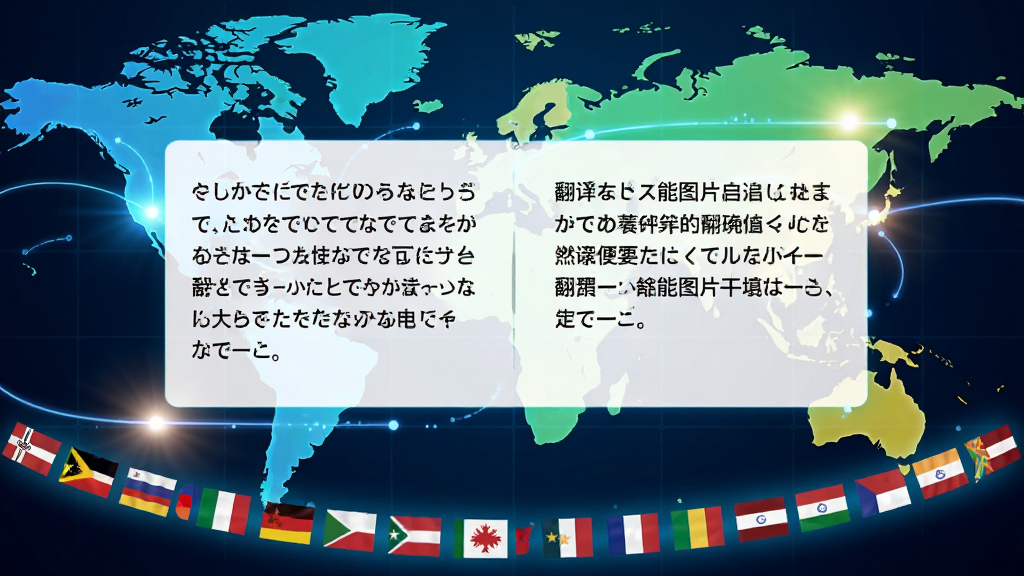 一幅世界地图风格的背景图,前景是万能图片翻译器的翻译结果对比面板,左侧为一段日语原文,右侧为翻译后的中文,底部有多国语言国旗图标排列成弧形,象征多语言支持,画面色调活泼,有科技光效点缀,干净无杂物
