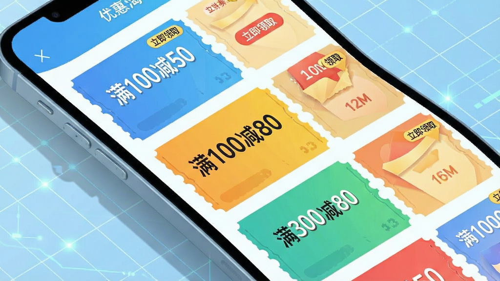 ��ͼΪƴƴ�Żݹ�����APP���Ż�ȯ�б�ҳ��д����Ļ���������ж��Ų�ɫ�Ż�ȯ��Ƭ��ÿ��ȯ��ӡ�С���100��50��������300��80������Ŀ���ۣ����ϽǴ��С�������ȡ����ť�����汳��Ϊǳ��ɫ�Ƽ��������ֻ���Ļ΢΢��б����������ͶӰЧ�����������ƽ����ƣ�ɫ��������ϸ�����������ʸɾ����޶���Ԫ�ء�