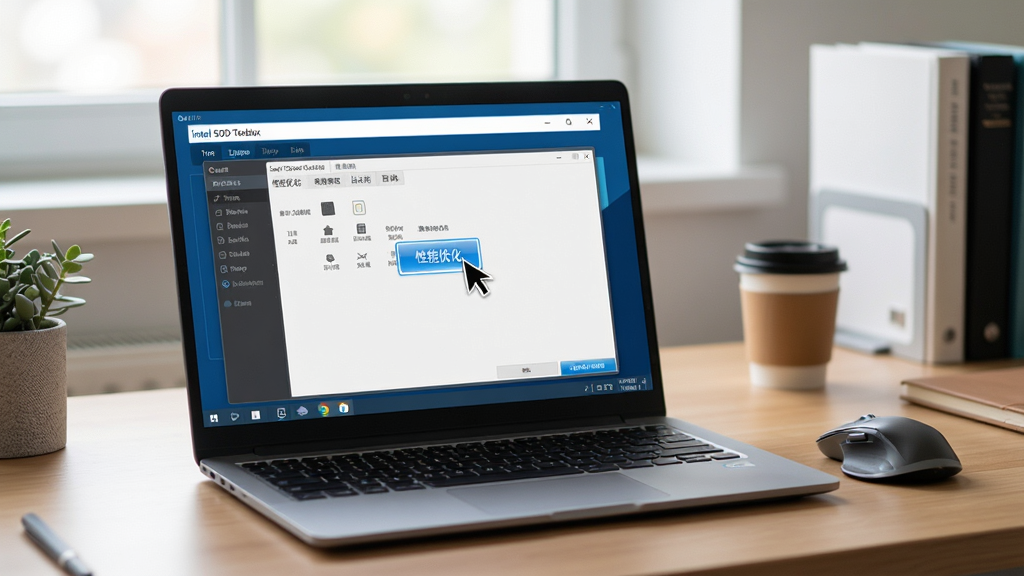 ��̬Ӳ���Ż�������ʾ����������Ϊ�ʼǱ�������Ļ����ʾIntel SSD Toolbox���н��棬���ָ��ָ�������Ż�����ť�������������������ϣ�������Ȼ���Ű��������У�����Ϊ����İ칫����ͼƬ���дʵ��ϸ�ڷḻ�����ʸ��壬�ɾ��޶���Ԫ�ء�