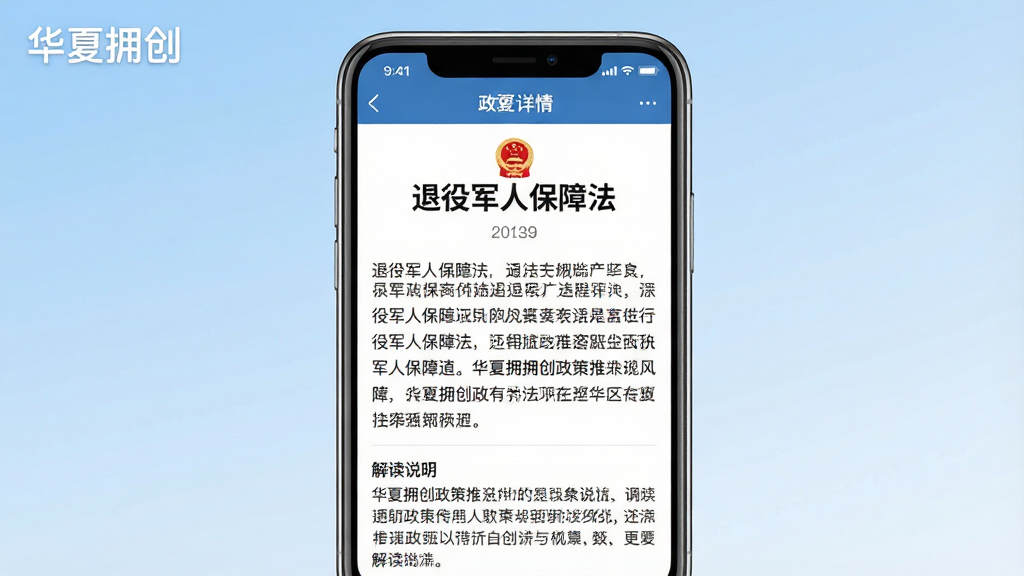 一张展示华夏拥创政策推送功能的截图,手机屏幕内显示政策详情页,配有“退役军人保障法”等标题文字,页面包含正文内容与解读说明,左上角有“华夏拥创”字样,背景为淡蓝色渐变,界面简洁清晰,文字排版规整,手机居中构图,画质高清,干净无多余元素