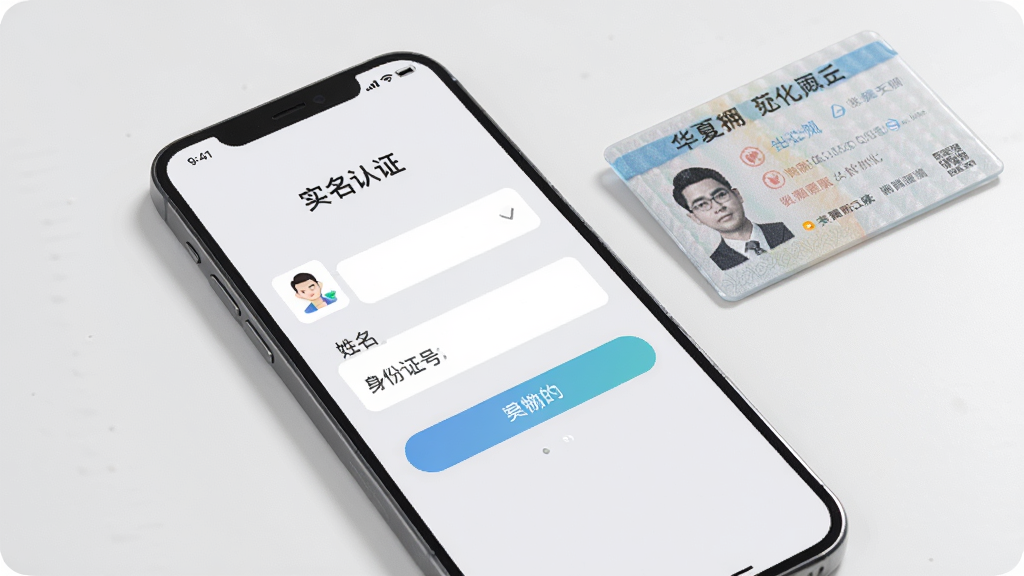 展示华夏拥创app在手机上的使用教程页面,屏幕内显示“实名认证”步骤界面,有输入姓名和身份证号的表单,背景为浅灰色,手机旁边摆放一张身份证,画面干净专业,光线均匀,突出操作指导感,画质高清,无多余元素