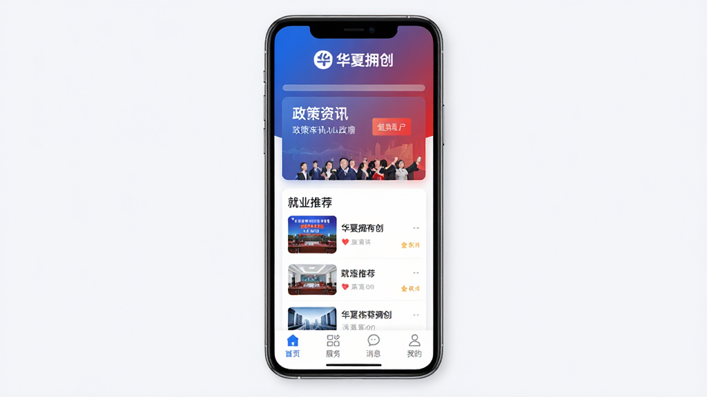 图片展示华夏拥创app的主界面,采用蓝红渐变主色调,顶部显示“华夏拥创”品牌标识,界面包含“首页”、“服务”、“消息”、“我的”四个底部导航栏,中央区域展示政策资讯卡片和就业推荐列表,整体风格简洁现代,手机竖屏布局,UI设计精致,画质高清,干净无多余元素