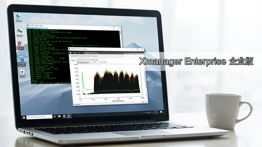 展示Xmanager Enterprise 企业版在笔记本电脑上运行的场景,屏幕显示多个终端窗口,有绿色文字和图表,桌面背景简洁,侧面放有咖啡杯,整体商务风格,光线明亮,文字标签