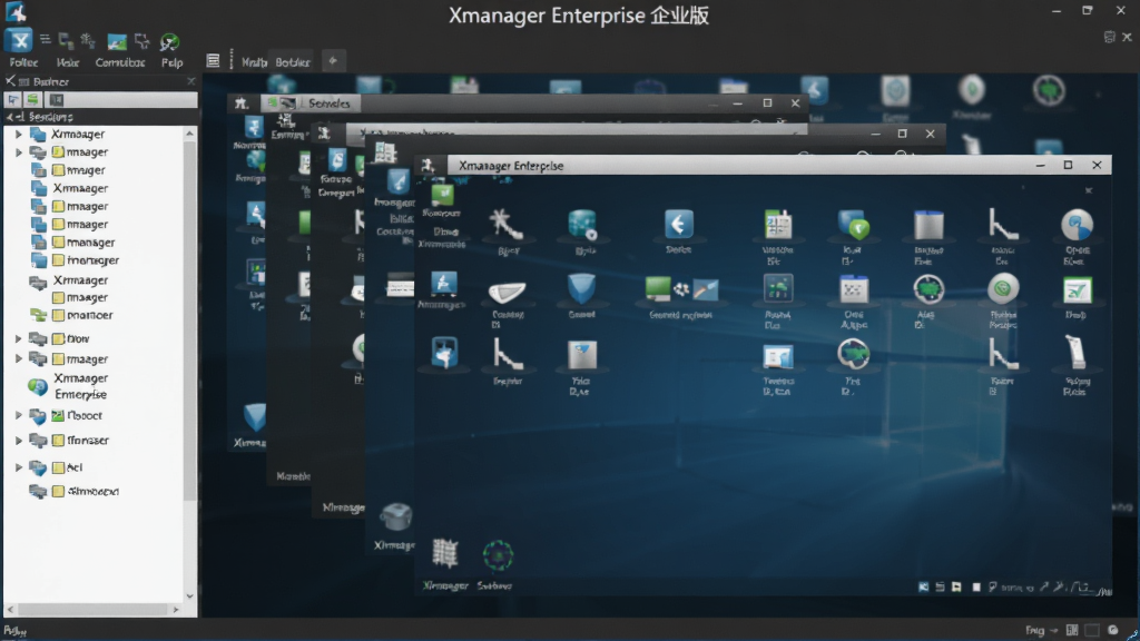 图片展示Xmanager Enterprise 企业版主界面,包含多个已连接的远程服务器窗口,左边栏为会话列表,右边显示图形化桌面,整体采用深色商务风格,界面整洁,图标清晰,标题文字
