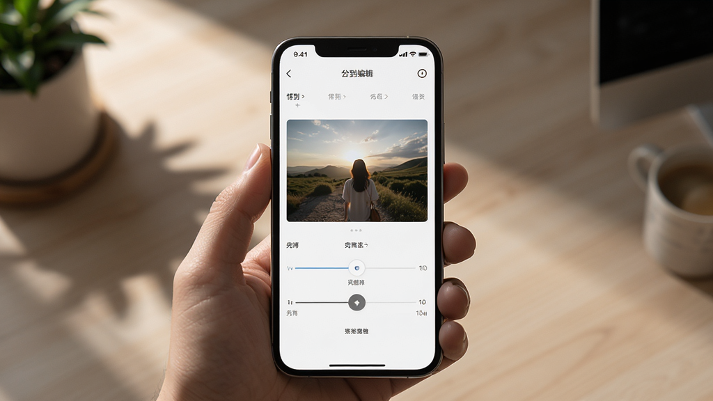 展示“悟到”软件智能编辑功能的应用场景,画面中一部手机屏幕显示软件界面,正在进行照片亮度调节操作,周围有细腻的光影效果,布局以手机为中心,排版简洁,风格写实,细节丰富,画质清晰,干净无多余元素