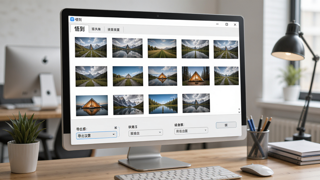 展示“悟到”软件批处理功能界面,屏幕中呈现多张图片缩略图排列,下方有导出设置选项,背景为办公桌面,布局规整,排版清晰,风格写实,细节丰富,画质干净,无多余元素