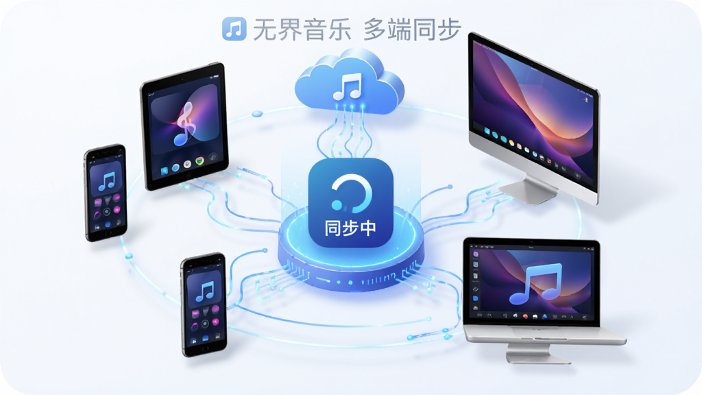 无界音乐APP的跨设备同步功能示意图,主体为多台设备(手机、平板、电脑)环绕排列,布局环绕式,排版中央显示“同步中”图标,风格科技感,细节为云端数据流动线条,画质清晰,干净无多余元素,文字显示“无界音乐 多端同步”