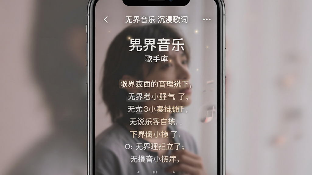 无界音乐APP的歌词显示界面,主体为手机全屏歌词背景,布局居中,排版突出歌曲名与歌手,风格唯美,细节包含歌词逐行高亮与模糊处理,画质细腻,干净无多余元素,文字标注“无界音乐 沉浸歌词”