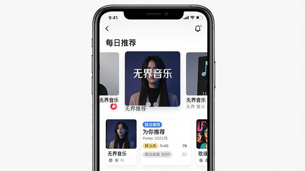 无界音乐APP的智能推荐界面截图,主体为手机屏幕,布局清晰,排版展示“每日推荐”歌单封面,风格时尚,细节包括歌曲卡片与算法标签,画质清晰,干净无多余元素,文字显示“无界音乐”与“为你推荐”