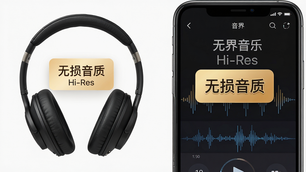 无界音乐APP的音质选择界面,主体为耳机与手机,布局左右对称,排版突出“无损音质”标识,风格简洁,细节表现音效波形,画质高清,干净无多余元素,文字标注“无界音乐 Hi-Res”